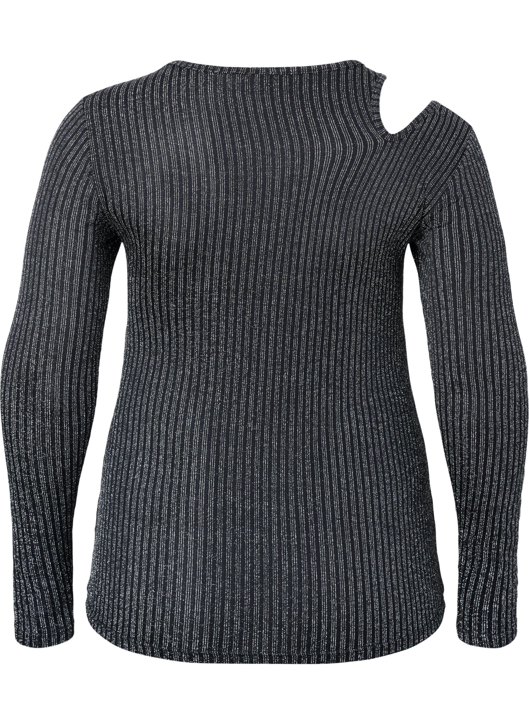 Zizzi L&aring;ng&auml;rmad blus med utsk&auml;rning och glitter, B. w. Silver Stripes, Packshot image number 1