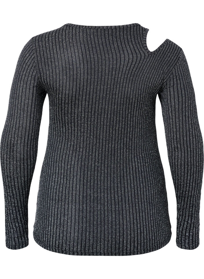 Långärmad blus med utskärning och glitter, B. w. Silver Stripes, Packshot image number 1