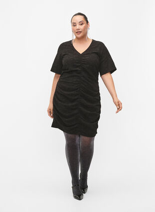 Kortärmad klänning med textur och draperingar, Black, Model image number 3