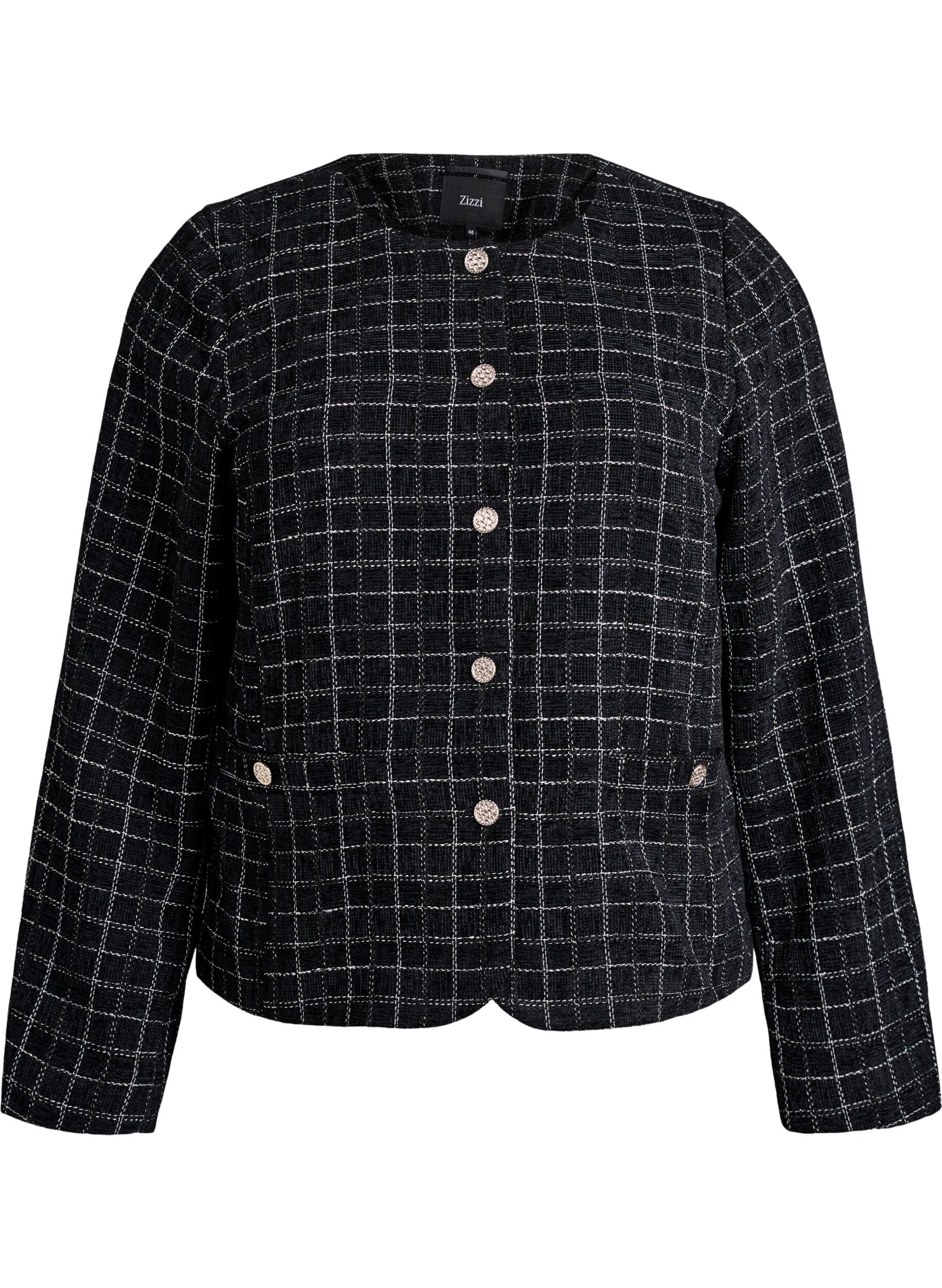 Kort kavaj i rutig boucl&eacute; med rund hals