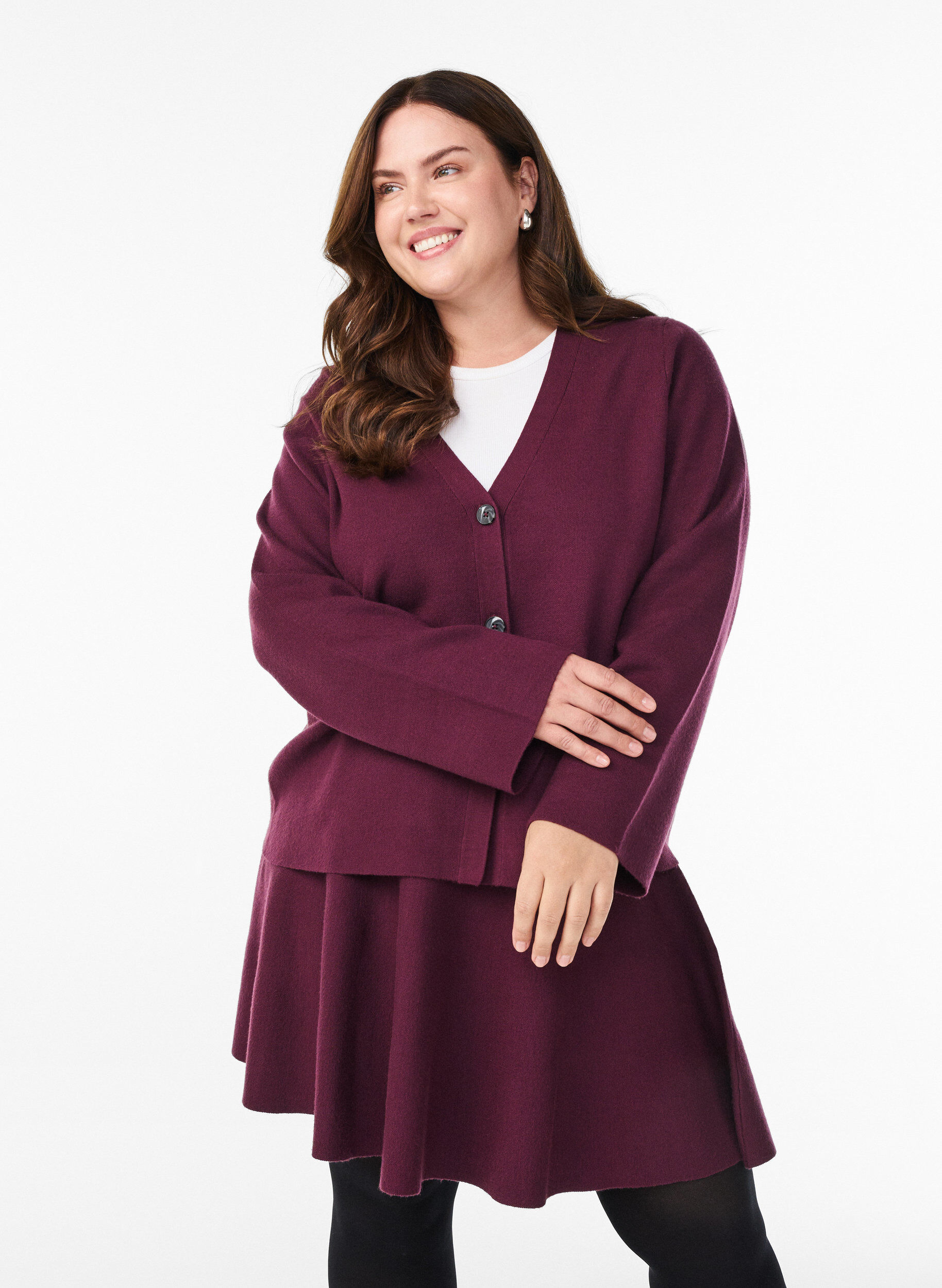 Zizzi Kort a-linjeformad kjol i stickat, M&ouml;rk Bordeaux, Model image number 0