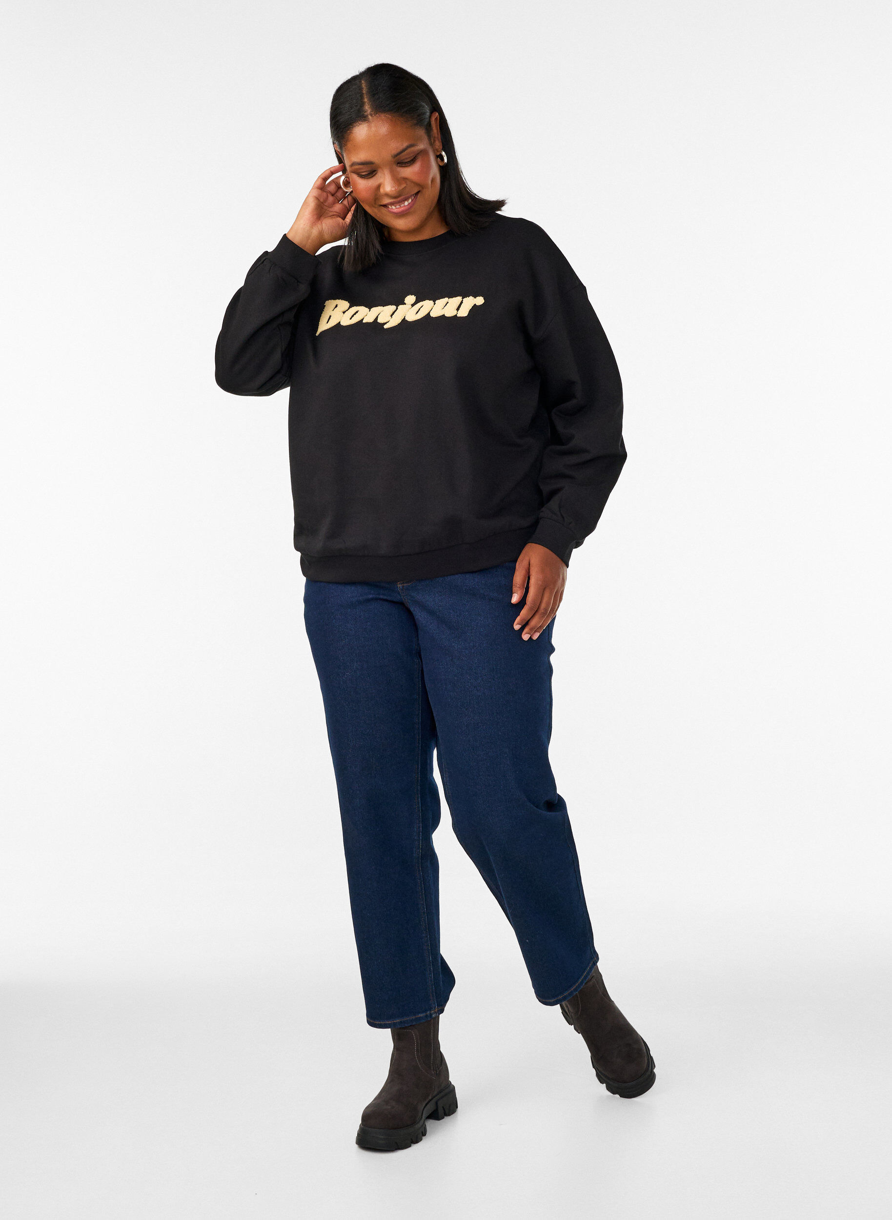 ZizziSweatshirt med textmotiv i boucl&eacute;, Svart, Model image number 1