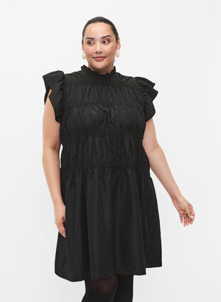 Klänning med volanger och elastiska snitt, Black, Model image number 0