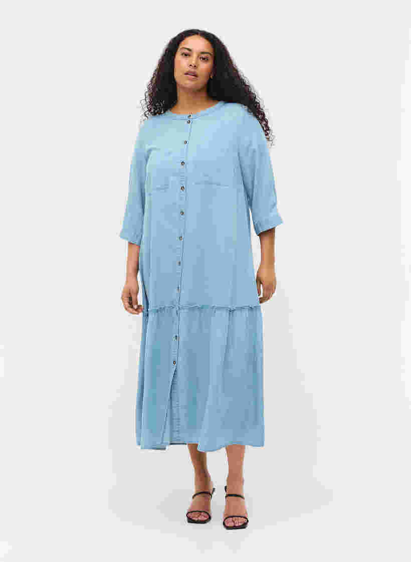 Midiklänning med knäppning och 3/4-ärmar, Light blue denim, Model image number 2