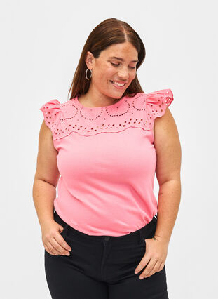 T-shirt i ekologisk bomull med anglaise-broderi, Strawberry Pink , Model image number 0