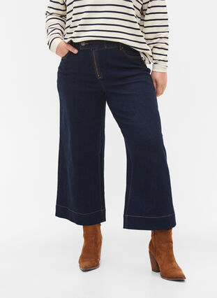 Croppade jeans med vida ben, Unwashed, Model image number 3