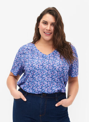 FLASH - V-ringad t-shirt med tryck, Blue Rose Ditsy, Model image number 0