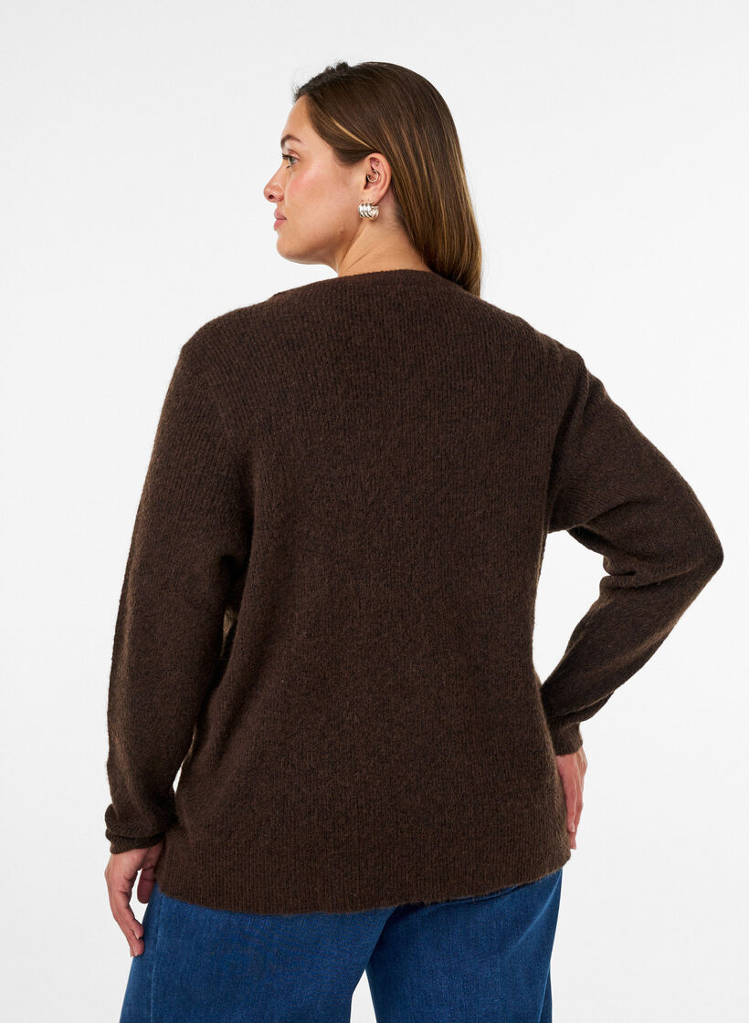 Melerad stickad blus med rund halsringning, Brun, Model image number 2