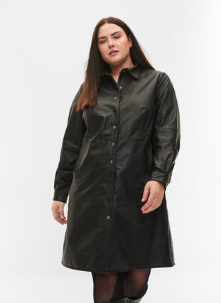 Läderklänning med långa ärmar och knäppning, Black, Model image number 2