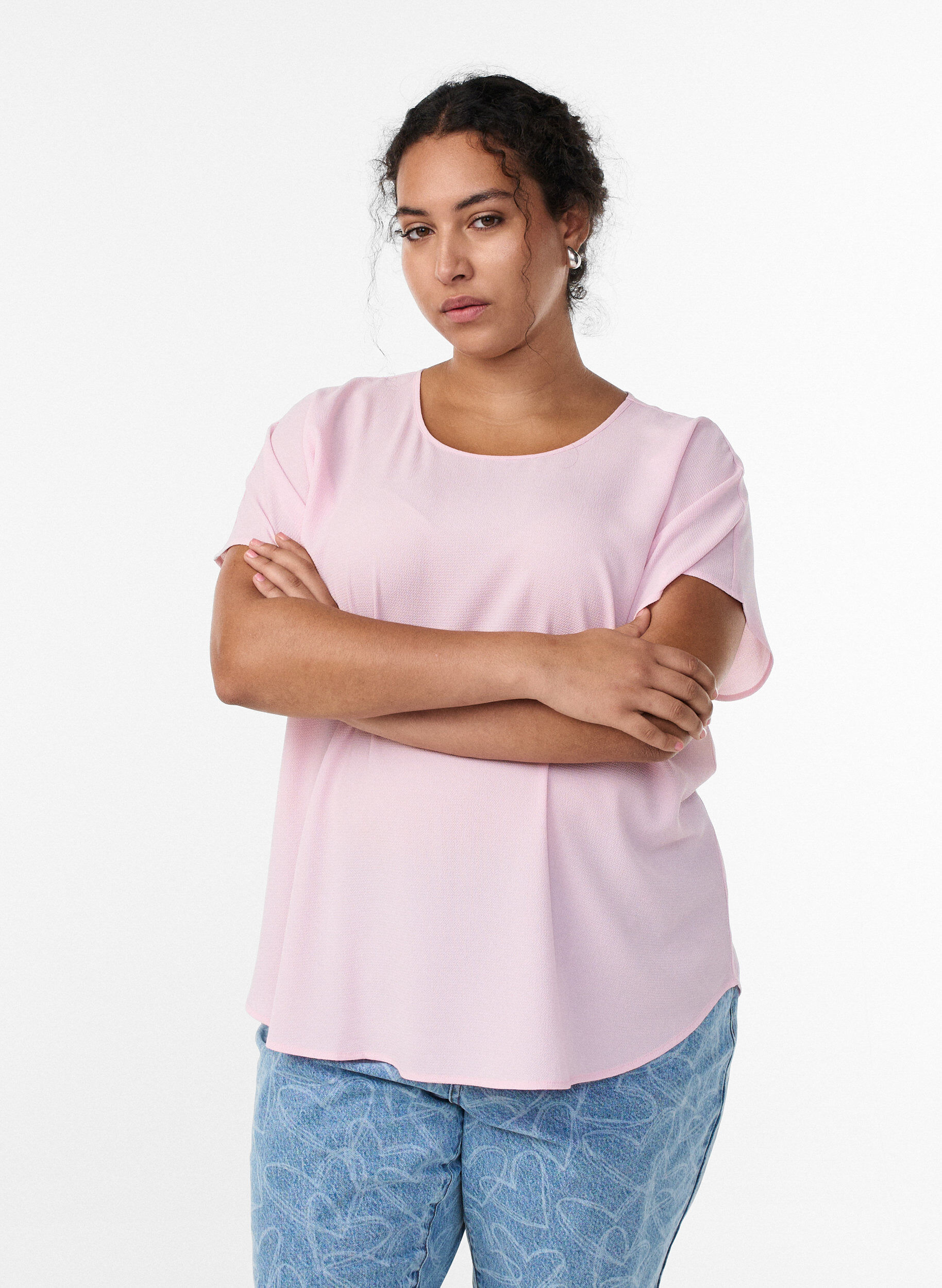 Blus med korta &auml;rmar och rund halsringning, Rosa, Model