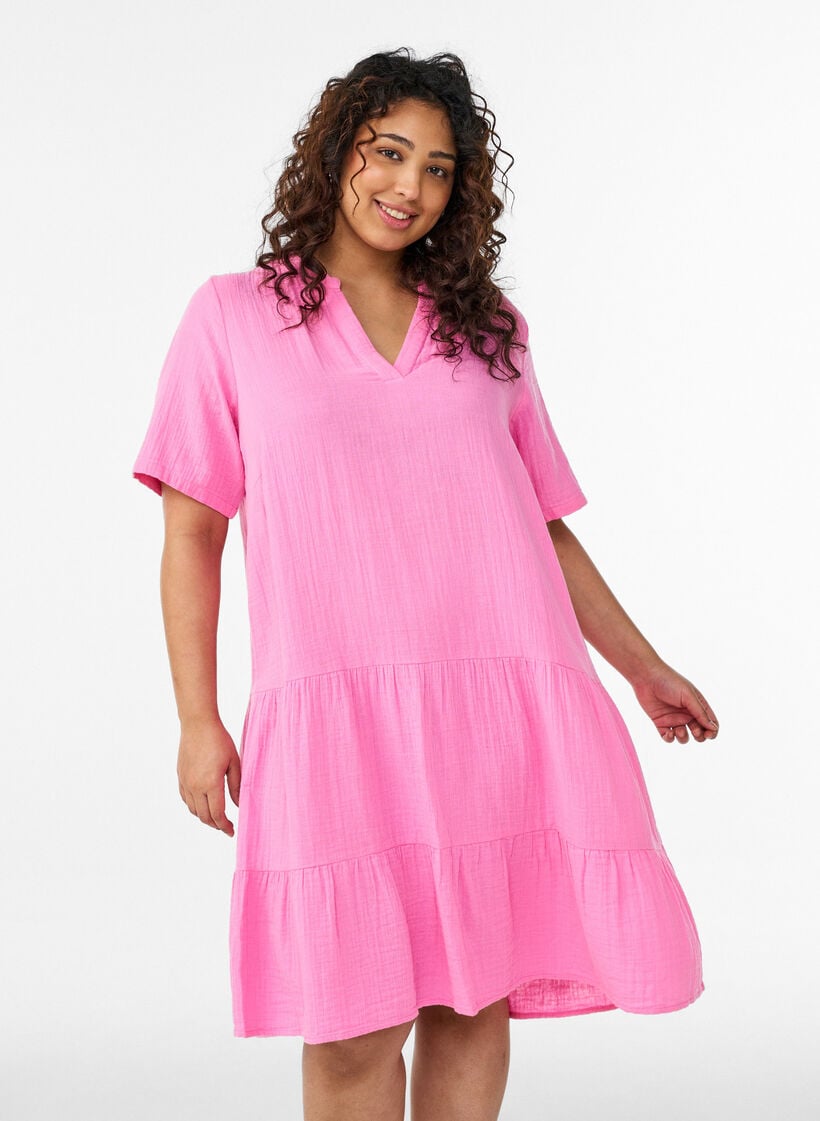 Kort a-linjeformad kl&auml;nning i bomullsmuslin, Rosa, Model image number 0