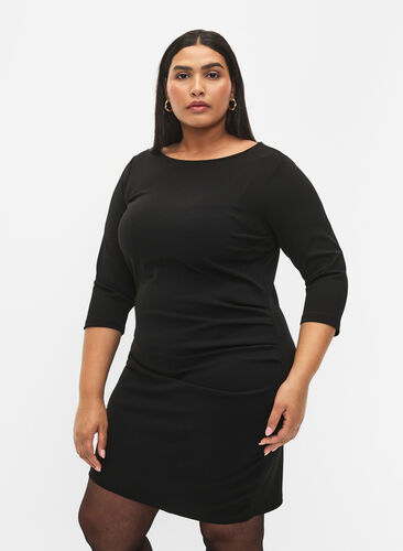 Klänning med drapering och trekvartsärmar, Black, Model image number 0