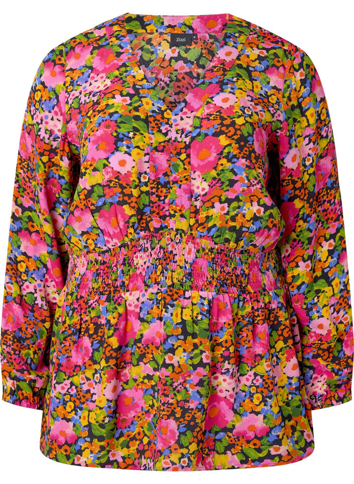 Viskosblus med blommigt mönster och smock, Neon Flower Print, Packshot image number 0