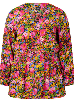 Viskosblus med blommigt mönster och smock, Neon Flower Print, Packshot image number 0