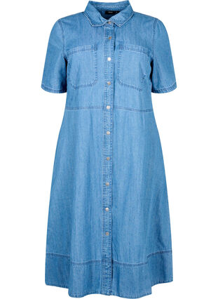 Skjortklänning i jeanstyg med korta ärmar, Light Blue Denim, Packshot image number 0