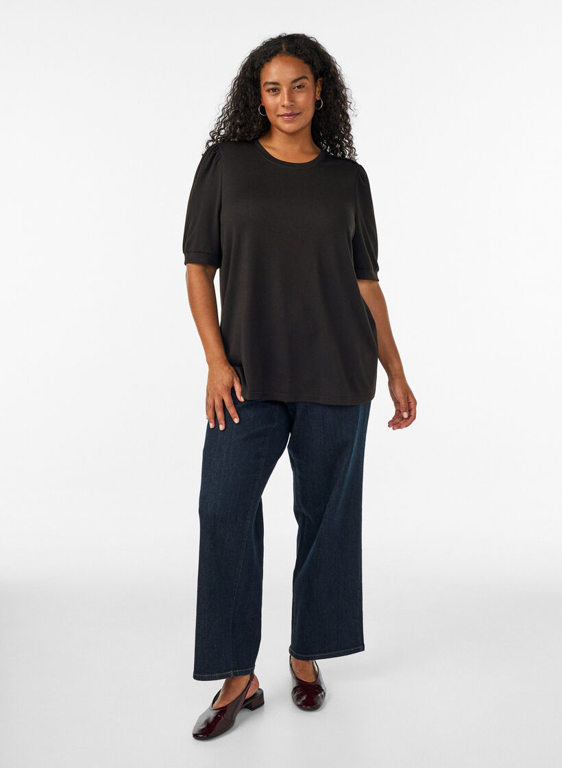 Blus med knappdetalj och korta puff&auml;rmar, Svart, Model image number 1
