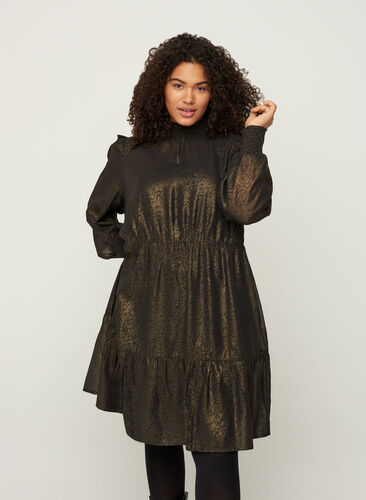 Långärmad klänning med smock och volanger, Black w. Gold, Model image number 0
