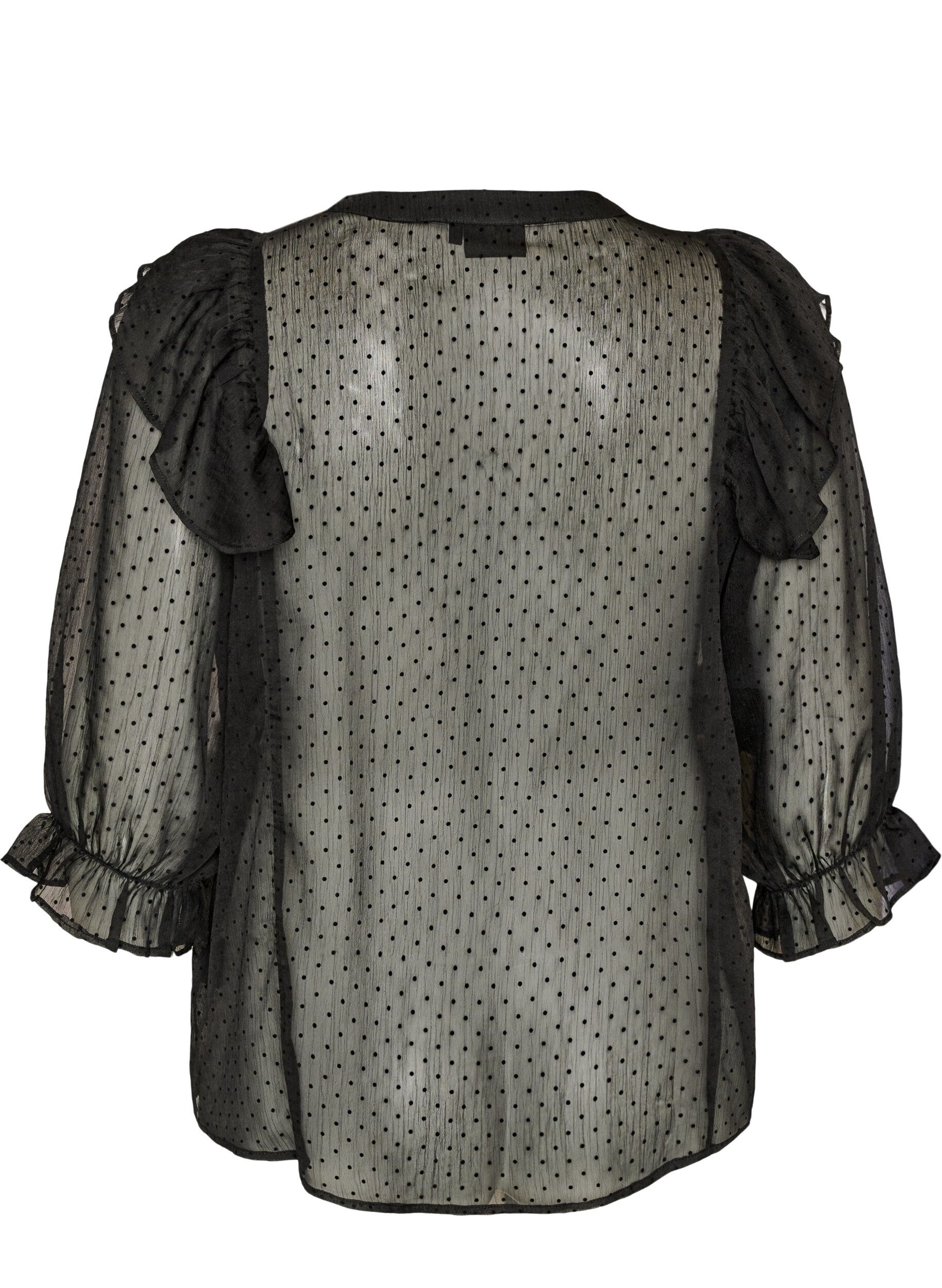 ZizziTransparent skjortblus med prickar och volangdetaljer, Svart, Packshot image number 1