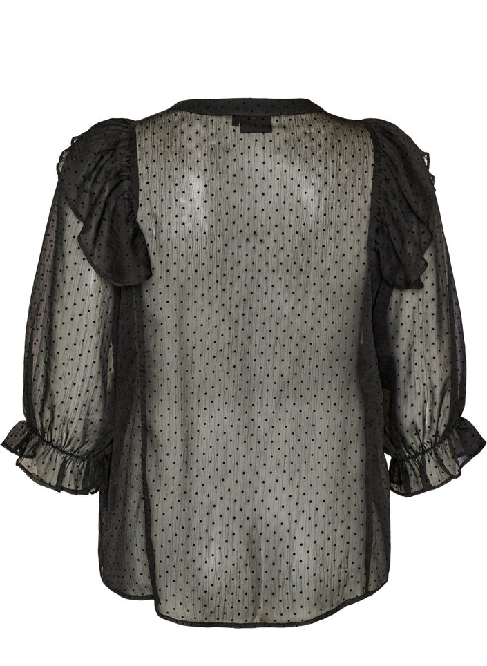 Transparent skjortblus med prickar och volangdetaljer, Svart, Packshot image number 1