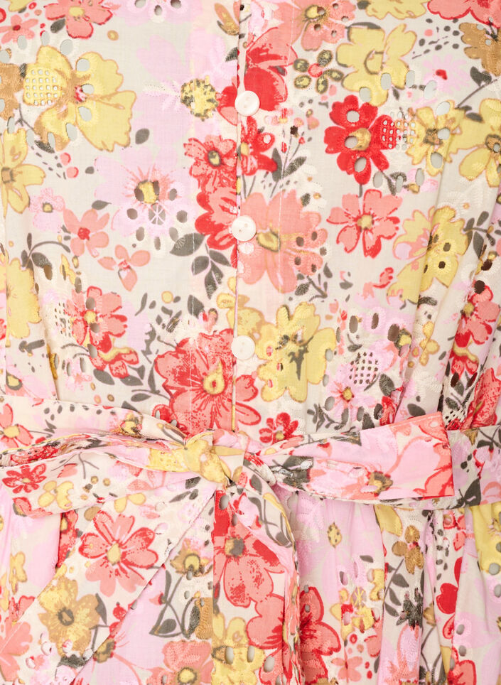 Blommig midikl&auml;nning med broderie anglaise och knytsk&auml;rp, Rosa, Packshot