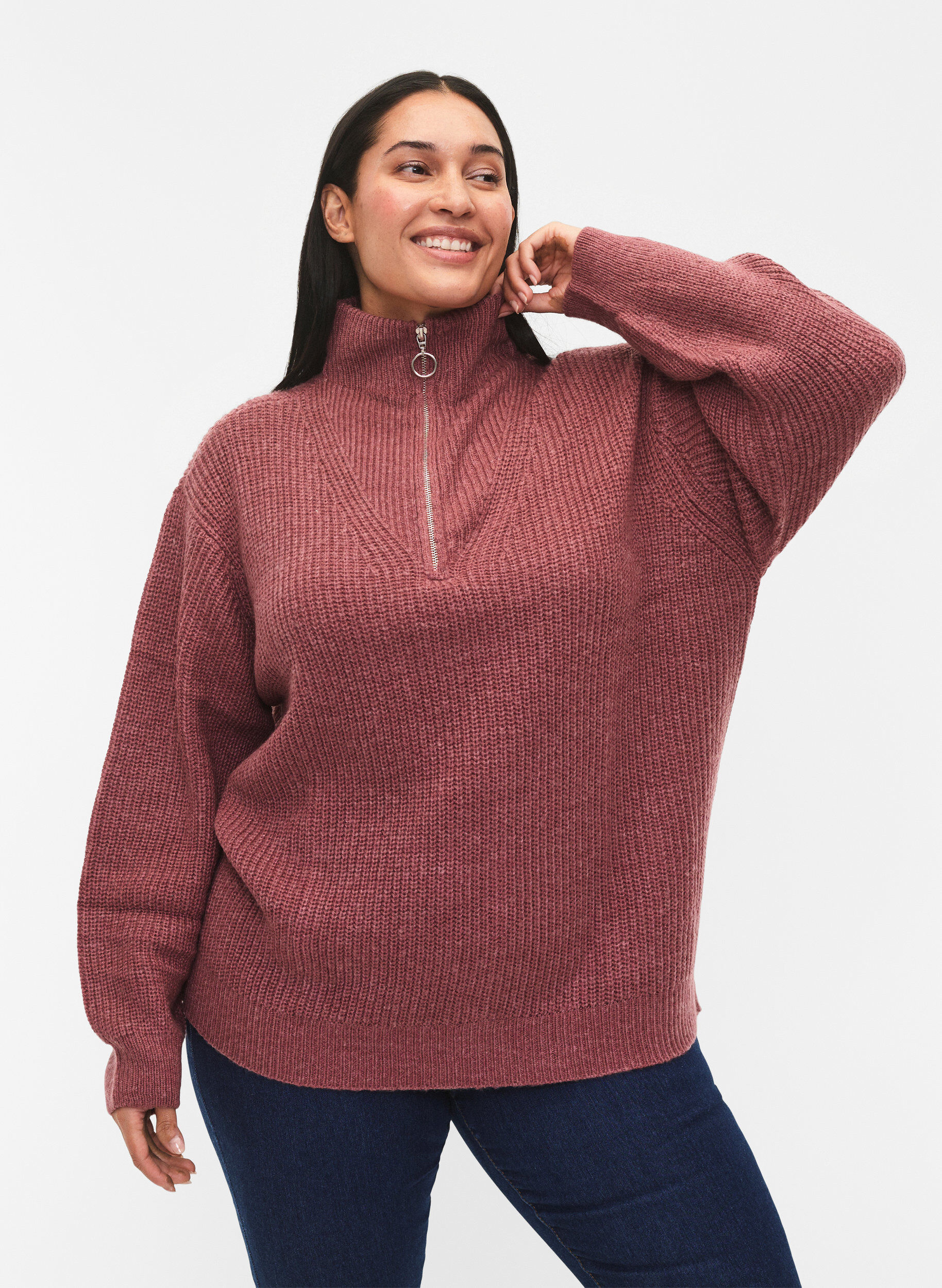 ZizziStickad tr&ouml;ja med h&ouml;g hals och dragkedja, Rosa, Model image number 0