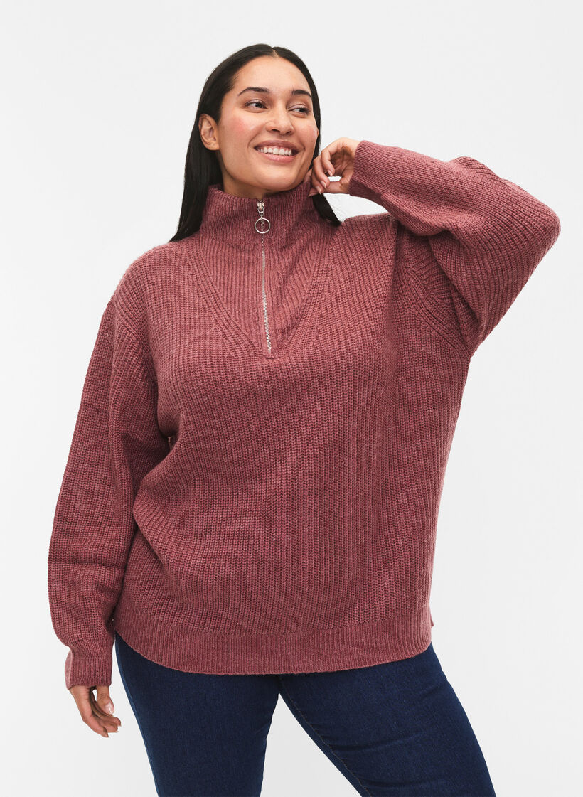 Stickad tr&ouml;ja med h&ouml;g hals och dragkedja, Rosa, Model image number 0