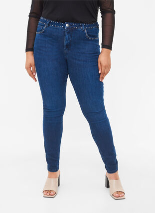 Super slim Amy jeans med nitar, Dark blue, Model image number 3