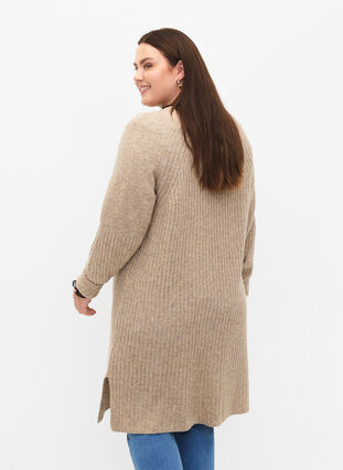 Ribbstickad klänning med slits, Simply Taupe Mel., Model image number 1
