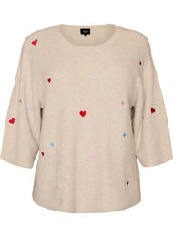 Stickad blus med hj&auml;rtan och 3/4-&auml;rmar, Beige