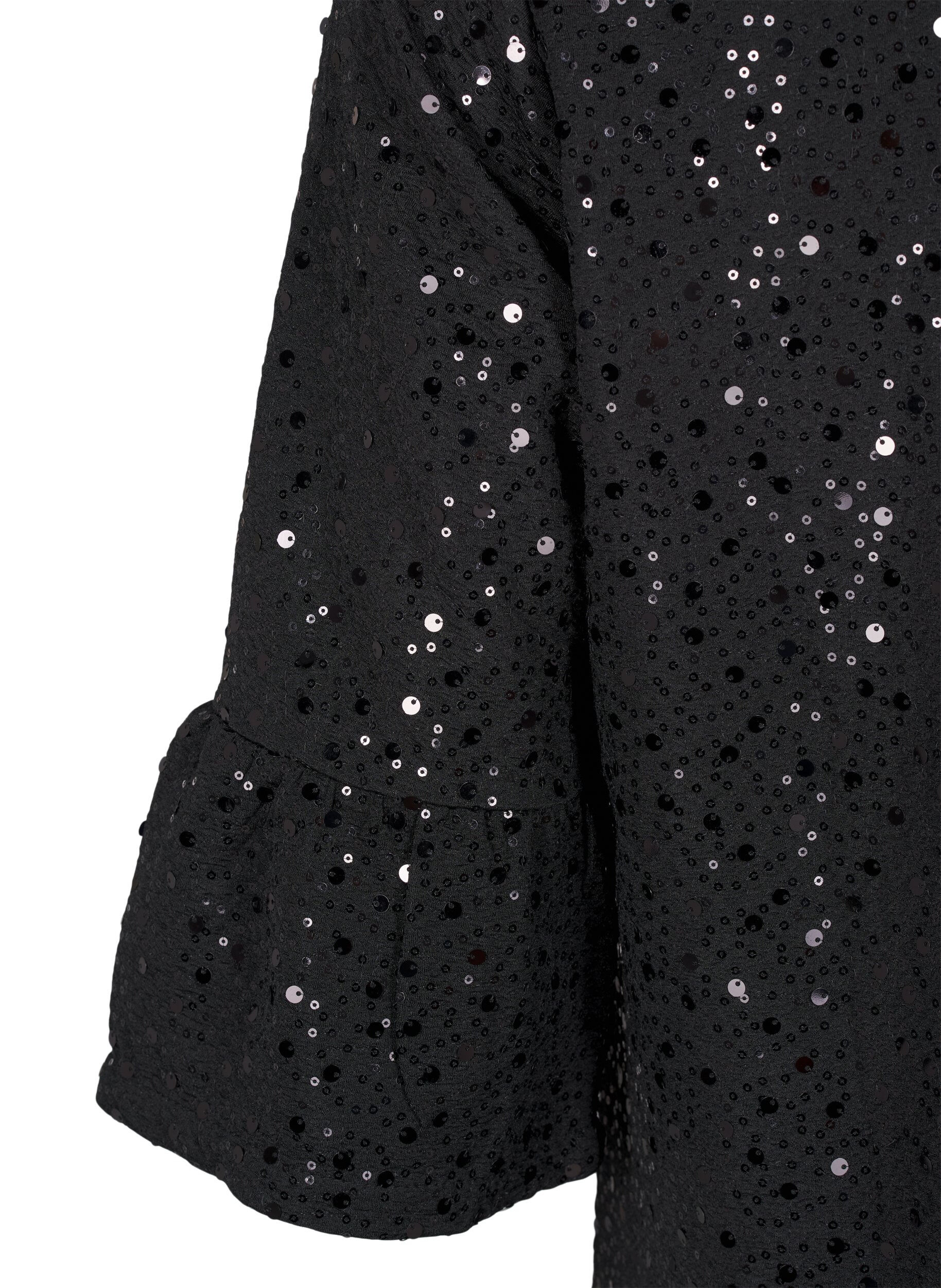 Zizzi Paljettkl&auml;nning med V-ringning och trekvarts&auml;rmar, Black w. Bl. Sequins, Packshot image number 3