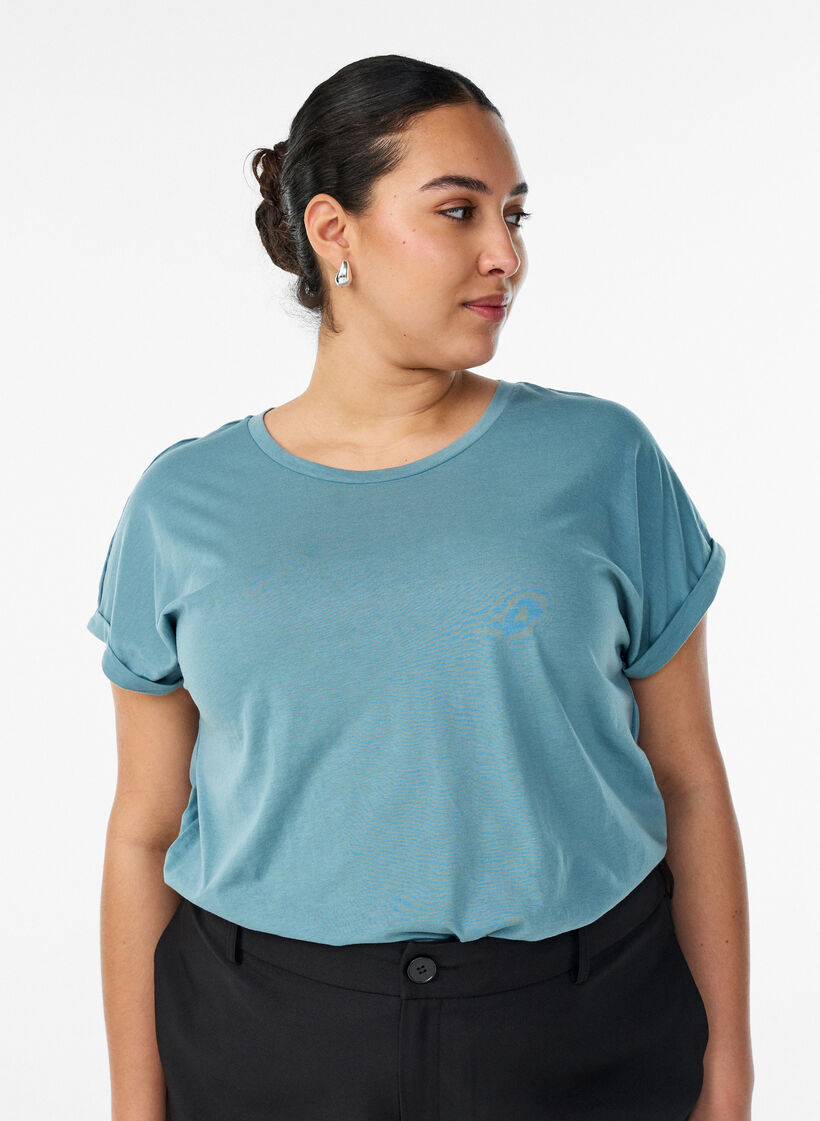 Kort&auml;rmad t-shirt i bomullsmix, Bl&aring;, Model image number 0