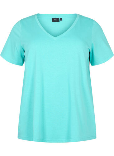 Kortärmad t-shirt med v-hals, Turquoise, Packshot image number 0