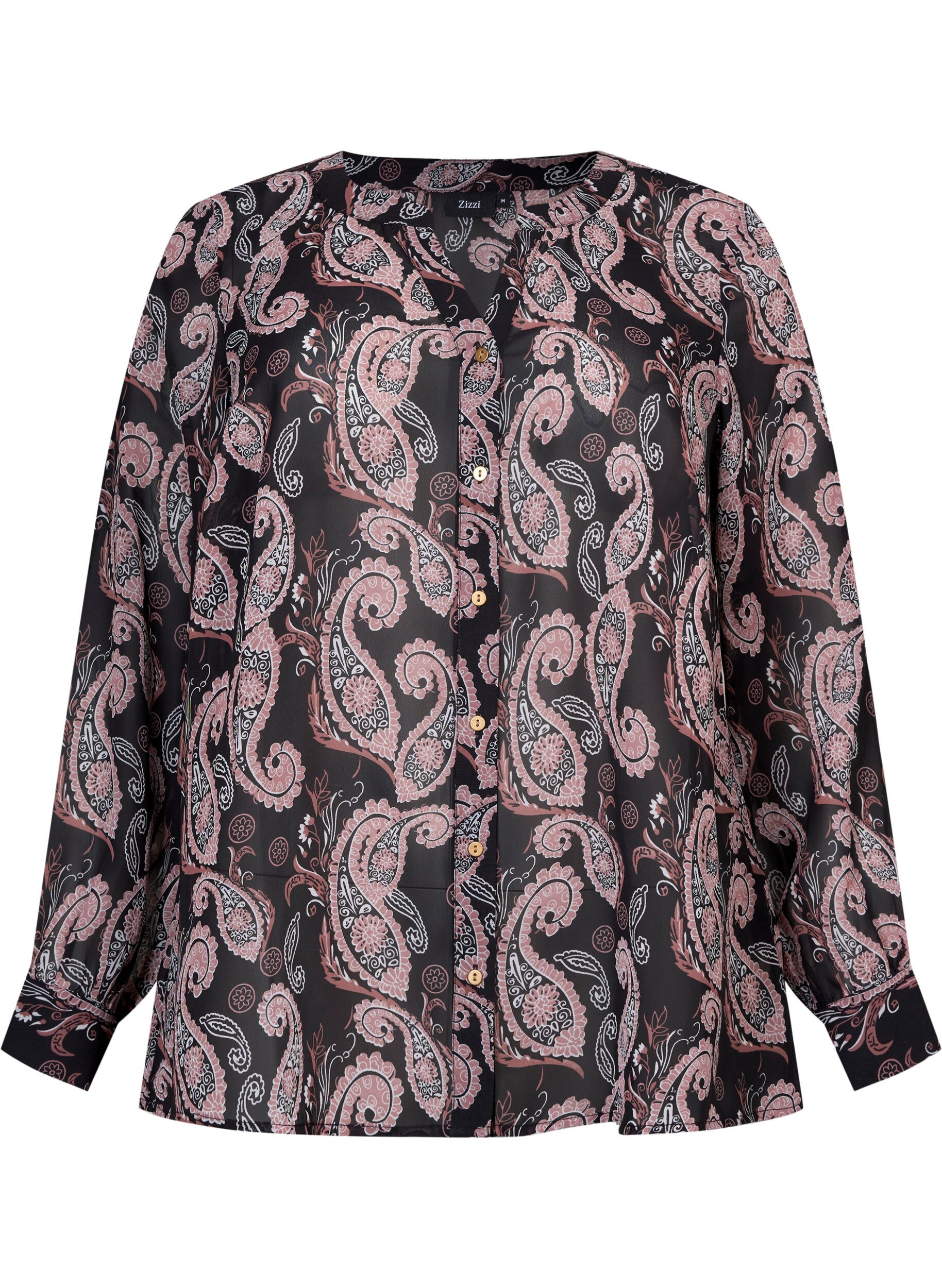 Zizzi Skjorta med v-ringning och m&ouml;nster, Black/Beige Paisley, Packshot image number 0