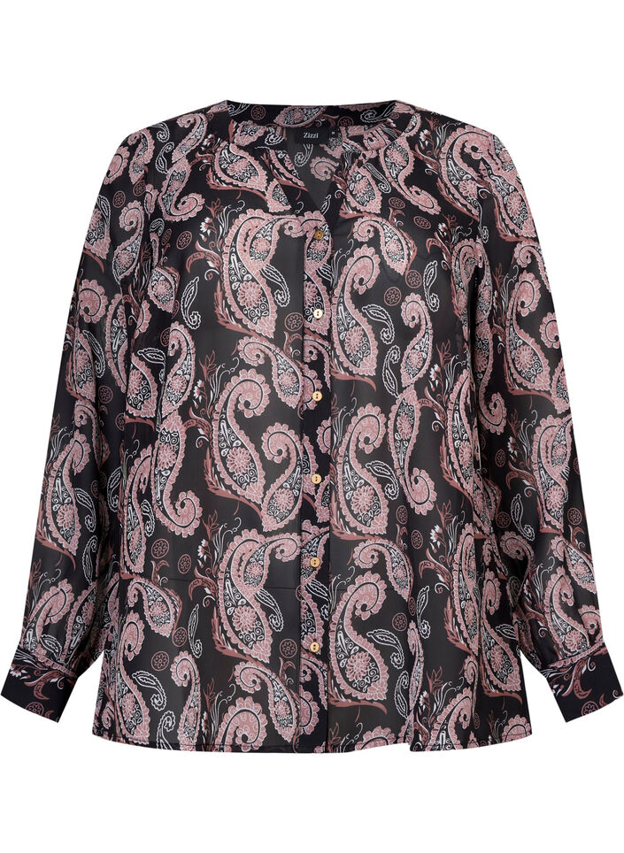 Skjorta med v-ringning och mönster, Black/Beige Paisley, Packshot image number 0