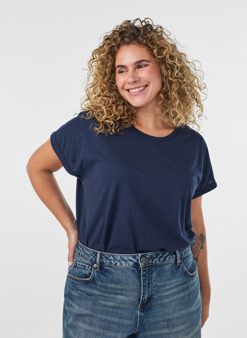 Kort&auml;rmad t-shirt i bomullsmix, Bl&aring;, Model image number 0