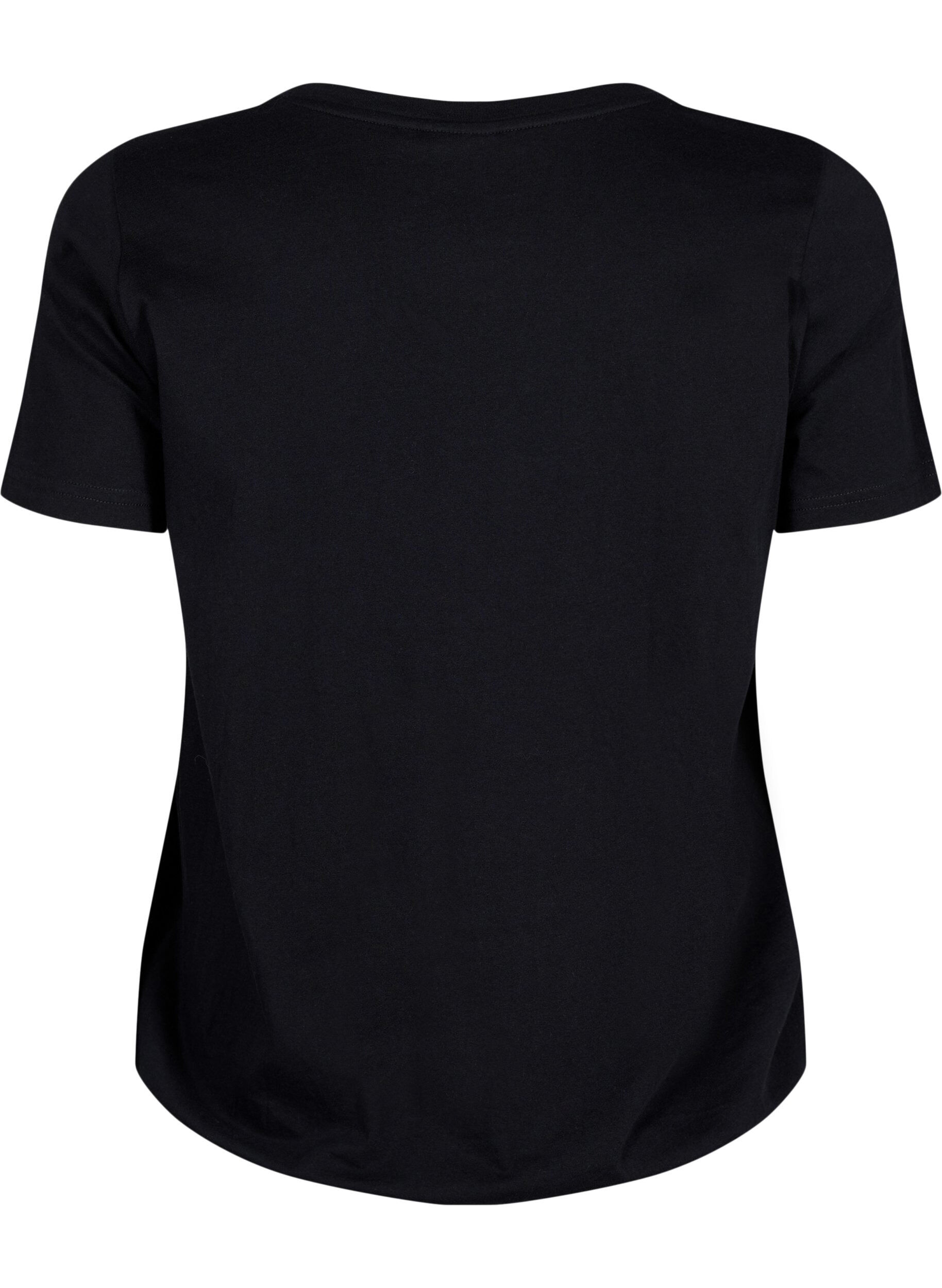 Zizzi Kort&auml;rmad t-shirt i bomull med elastisk kant, Black w. Live, Packshot image number 1