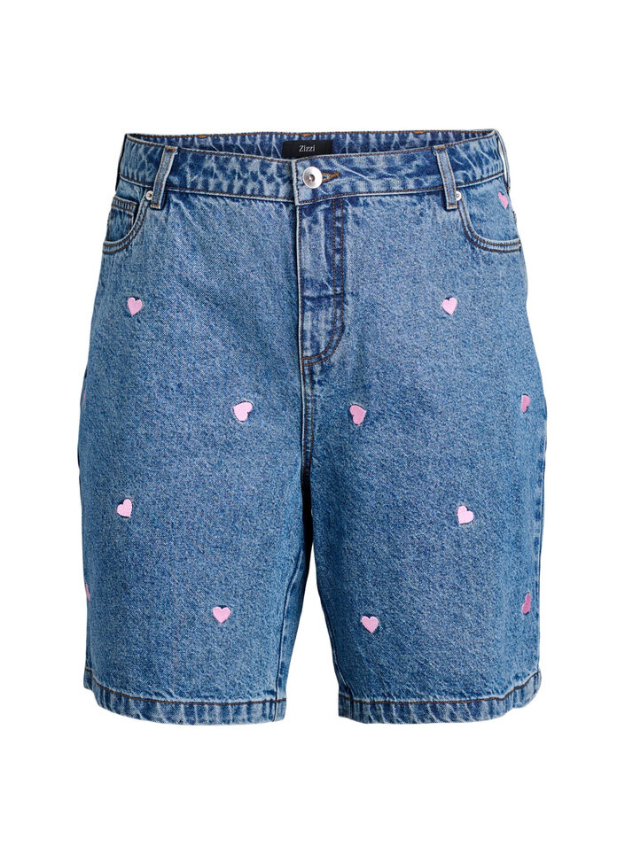 Jeansshorts med h&ouml;g midja och broderade hj&auml;rtan, Bl&aring;, Packshot image number 0