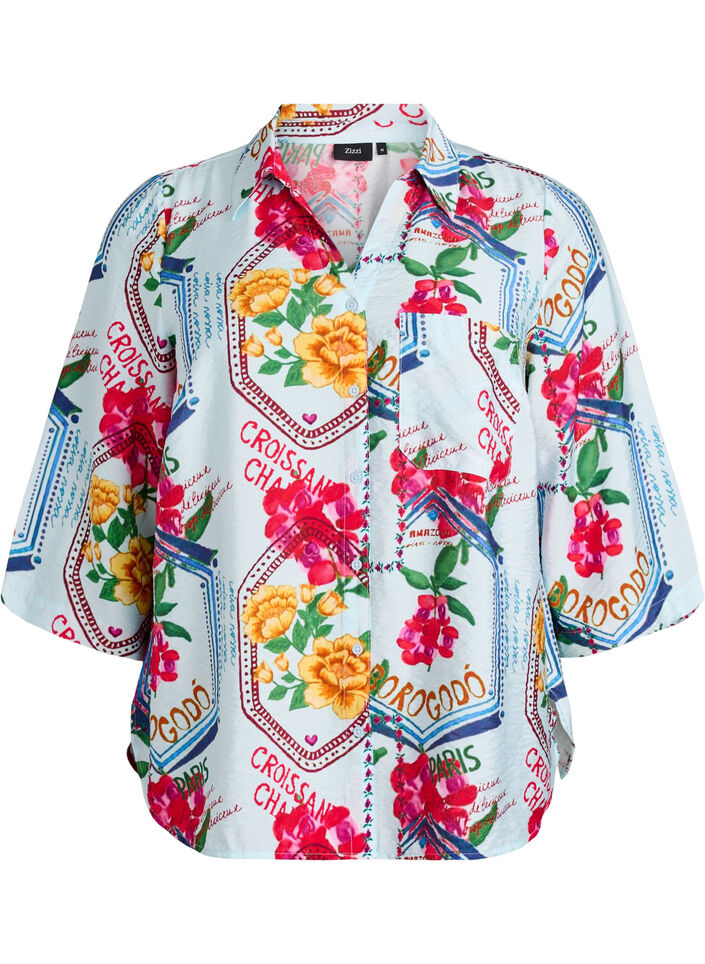 Skjortblus med armb&aring;gsl&aring;nga &auml;rmar och f&auml;rgglatt m&ouml;nster, Bl&aring;, Packshot image number 0