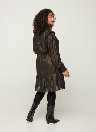 Långärmad klänning med smock och volanger, Black w. Gold, Model image number 1