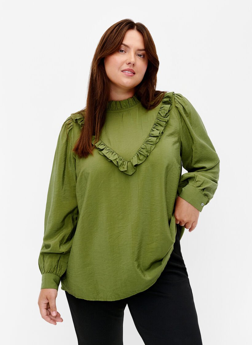 Viskosblus med volanger, Loden Green, Model image number 0