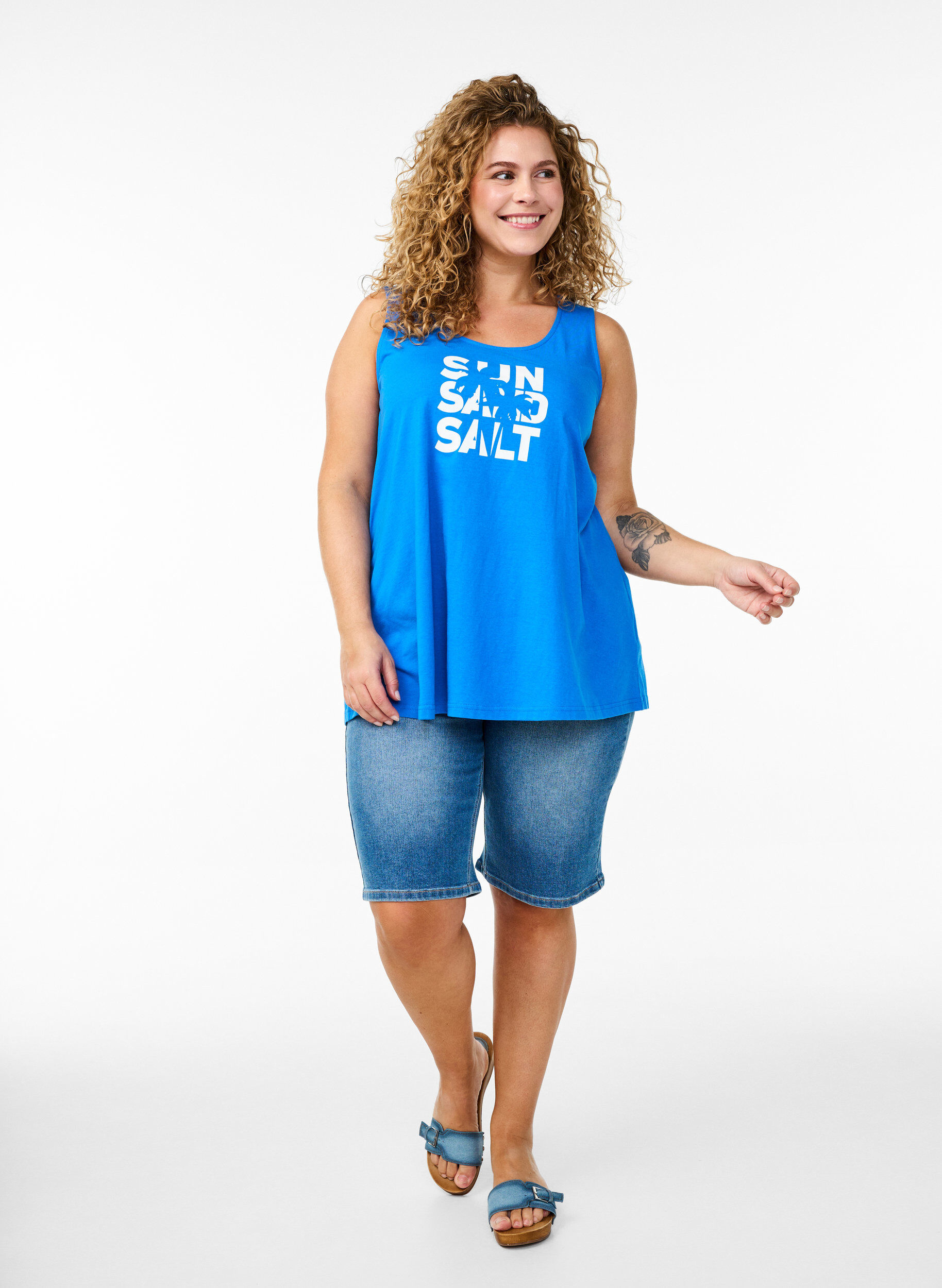 Zizzi Bomullstopp med a-linjeform, Bl&aring;, Model image number 1