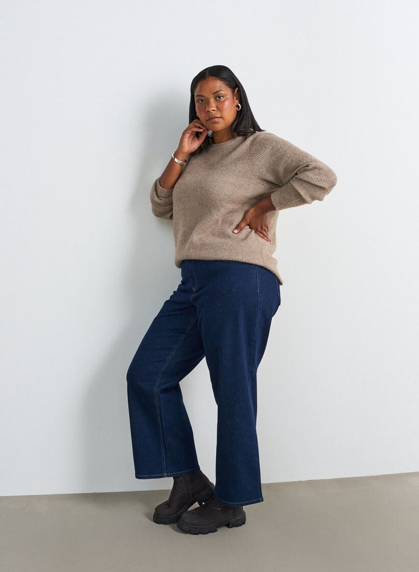 Melerad stickad blus med rund halsringning, Beige, Model image number 1