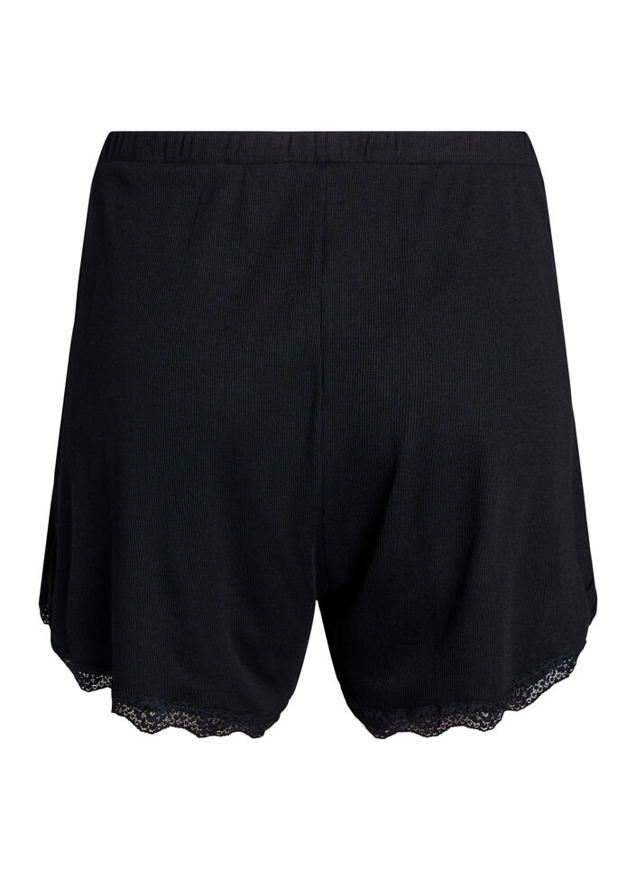 L&ouml;sa nattshorts med ribbstickad textur och spetskant, Svart, Packshot image number 1