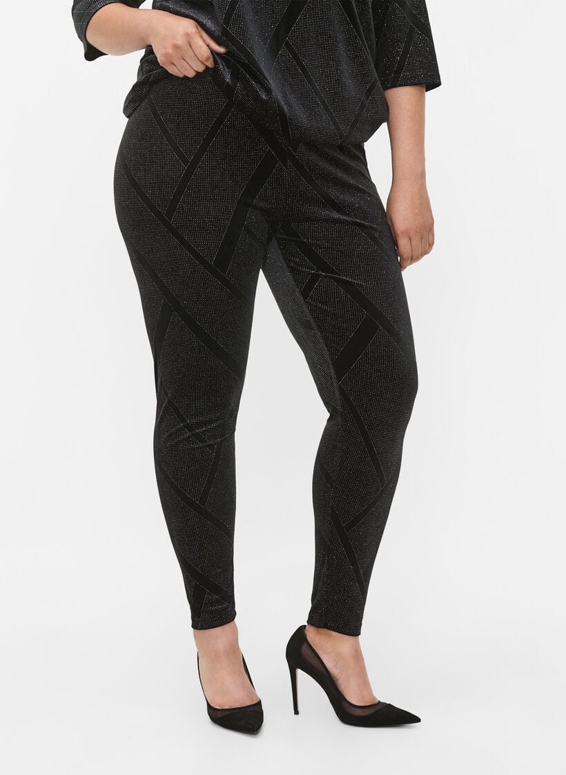 Leggings i velour med glitter och m&ouml;nster, Svart, Model image number 1