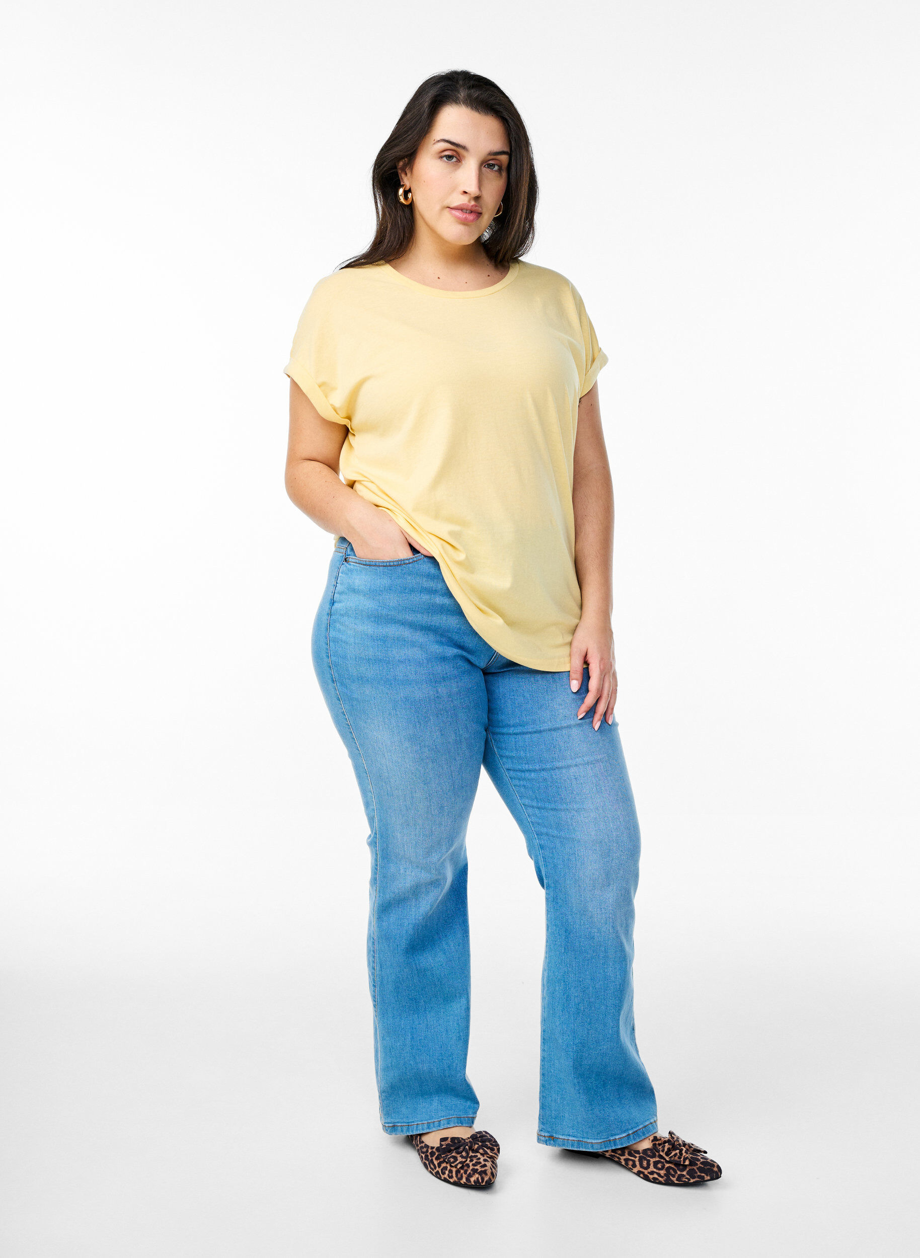 ZizziKort&auml;rmad t-shirt i bomullsblandning, Gul, Model image number 1