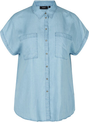 Kortärmad skjorta med bröstfickor, Light blue denim, Packshot image number 0