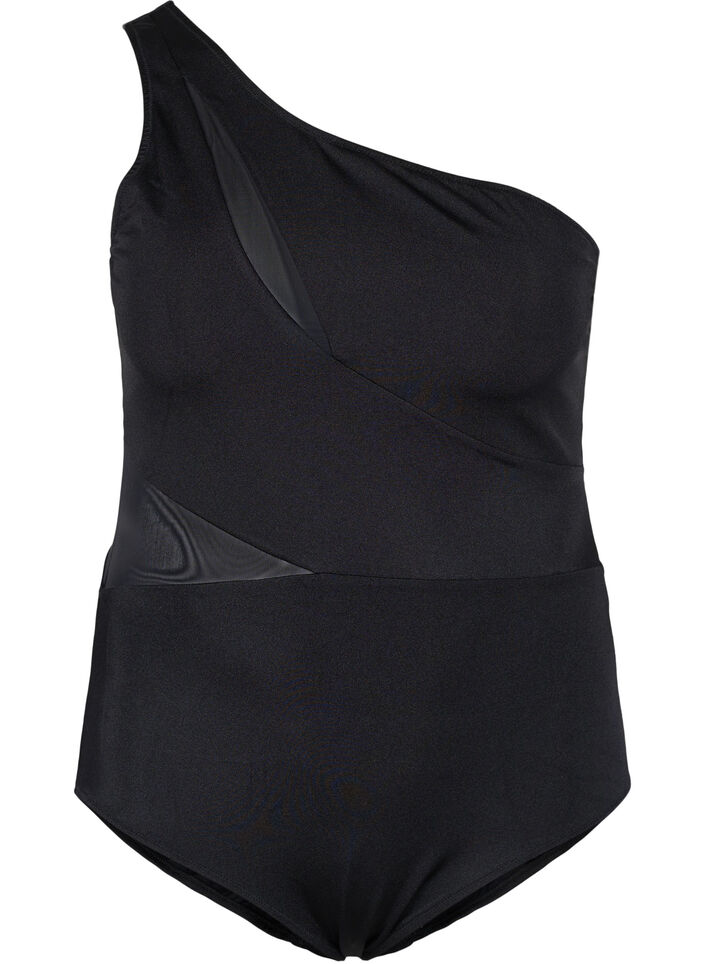 One-shoulder baddräkt med mesh, Black, Packshot image number 0