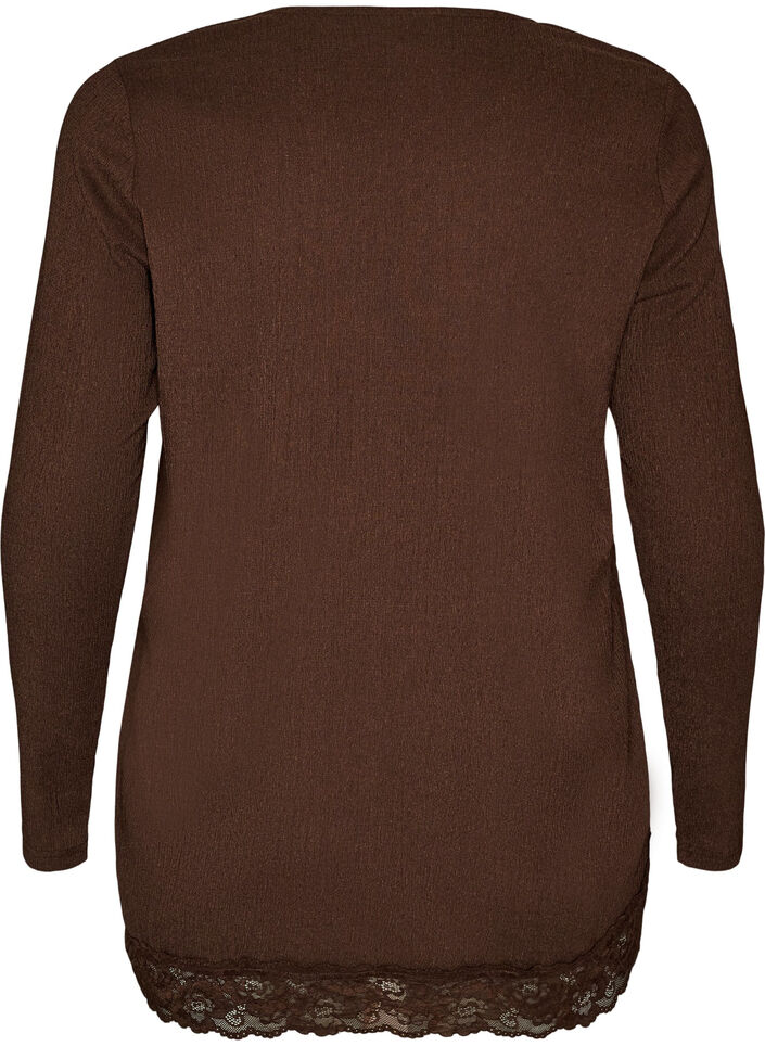 Blus i jersey med asymmetrisk spetskant, Brun, Packshot image number 1