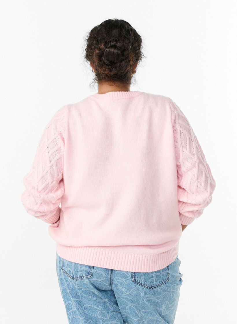 Stickad tröja med kabelmönster och rund hals, Rosa, Model image number 2