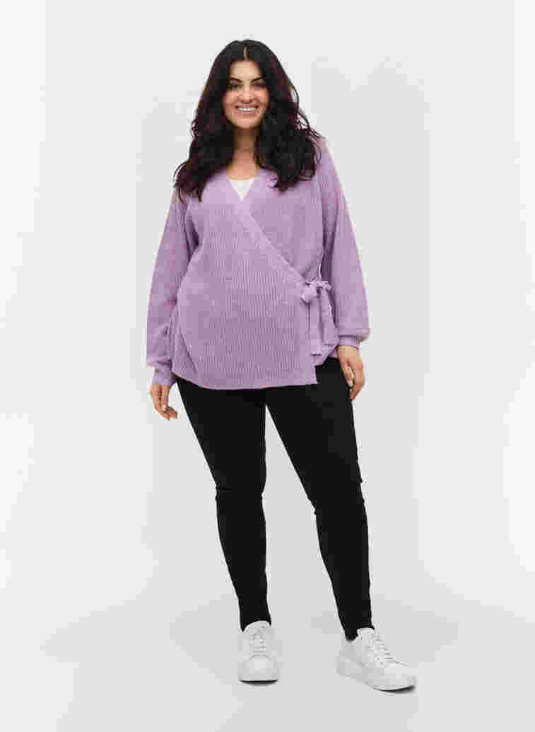 Stickad cardigan i omlott-modell, Purple Rose Mel, Model image number 2